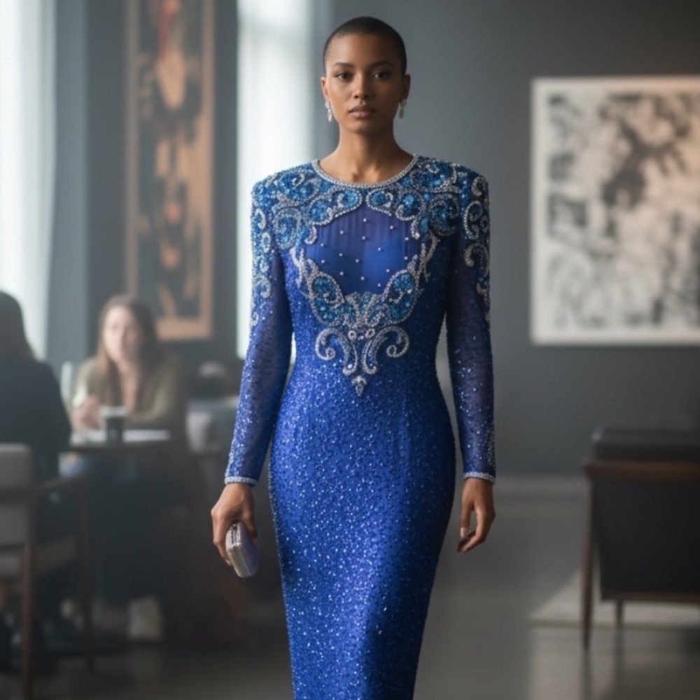 Vintage Oleg Cassini Blacktie Women's Beaded Knee-Length Blue Dress,â Size 8